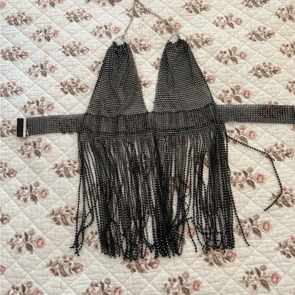 Beaded Halter Top with Fringe
